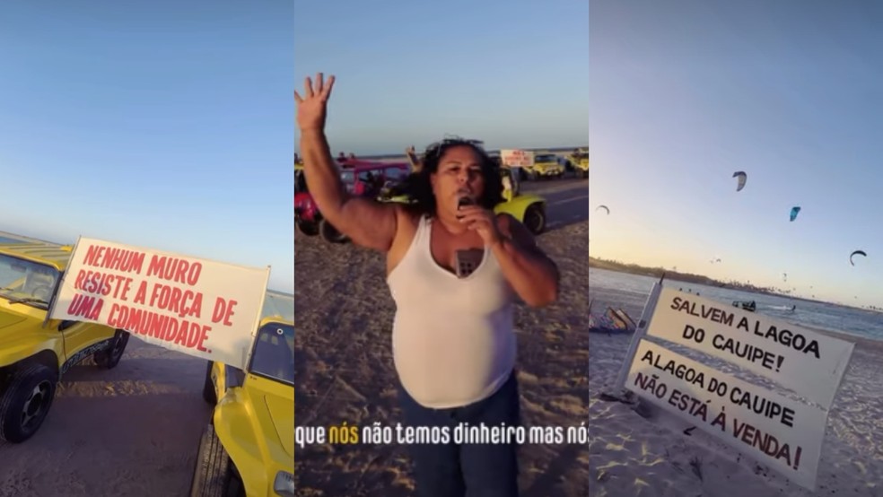Imagens da manifestação realizada na comunidade do entorno da Lagoa do Cauípe no dia 5 de outubro. — Foto: Reprodução