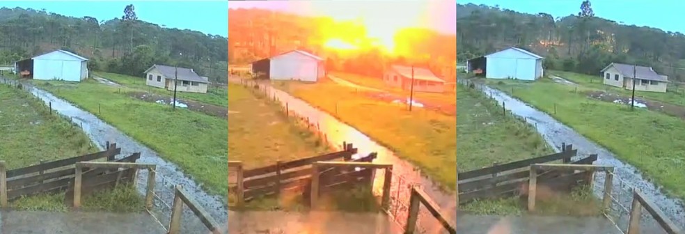 Câmera de segurança de uma propriedade vizinha flagrou o momento em que o raio atingiu uma cerca elétrica — Foto: Arquivo pessoal/Salete Aparecida Levinski