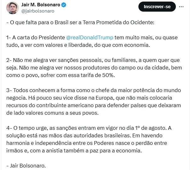 Bolsonaro vincula tarifaço de Trump a anistia e mina esforços de aliados para responsabilizar Lula