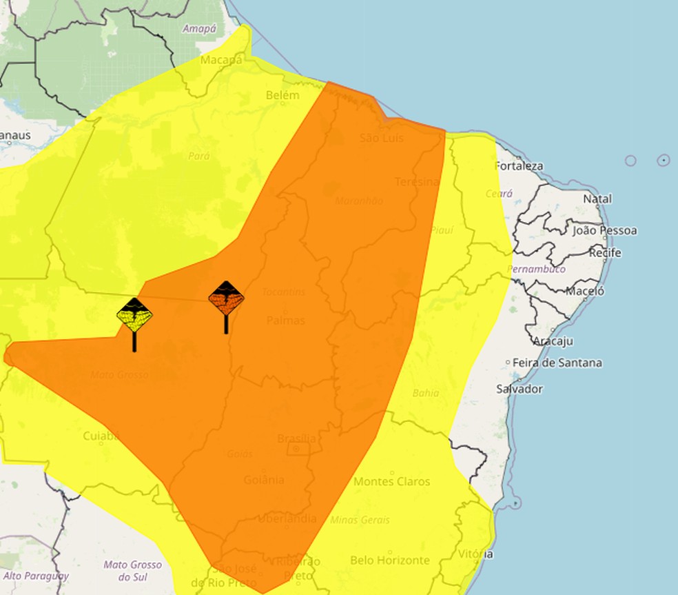 Tocantins tem dois alertas de chuvas intensas — Foto: Reprodução/Inmet