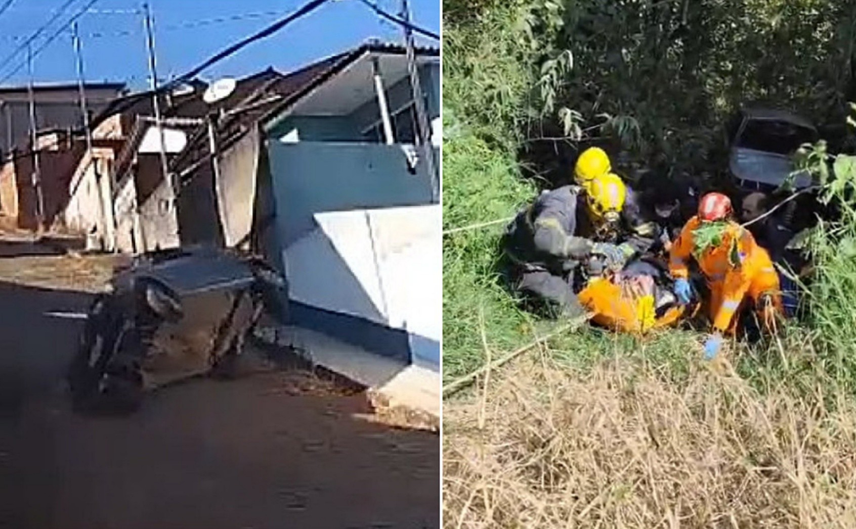 VÍDEO: Carro desgovernado capota em ladeira e cai em barranco em MG