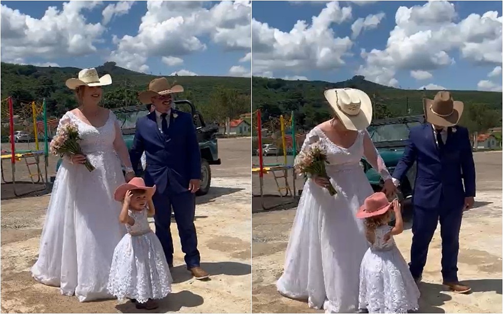 Filha do casal foi dama da cerimônia e entrou usando um chapéu rosa de boiadeira — Foto: Redes sociais