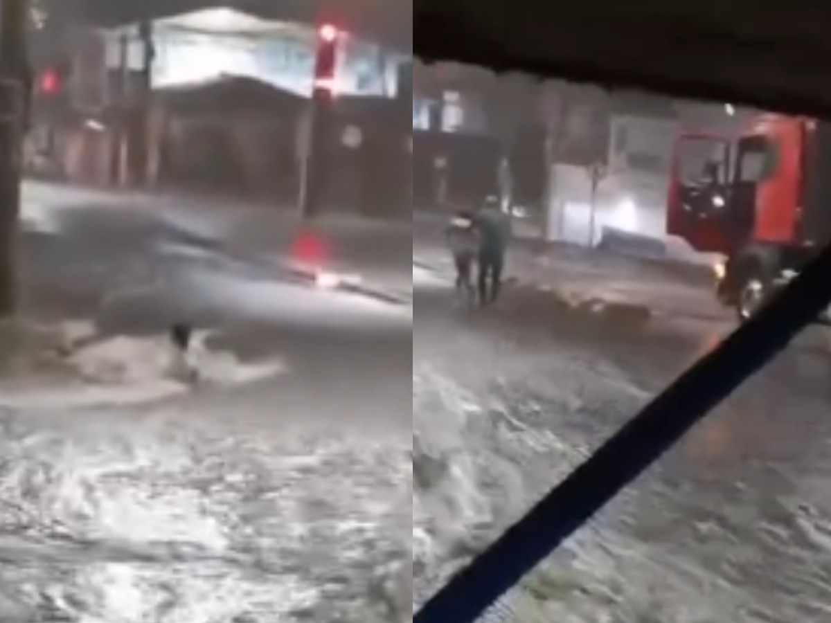 VÍDEO: mulher é arrastada por enxurrada durante chuva forte, e caminhoneiro faz resgate