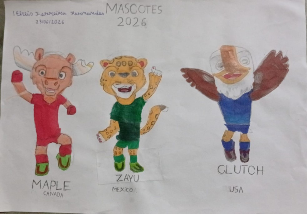 Menino desenhou os mascotes de outras sele��es � Foto: Arquivo Pessoal