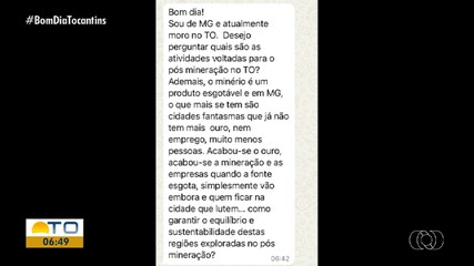 Telespectadores questionam sobre mineração do Tocantins no Bom Dia Responde