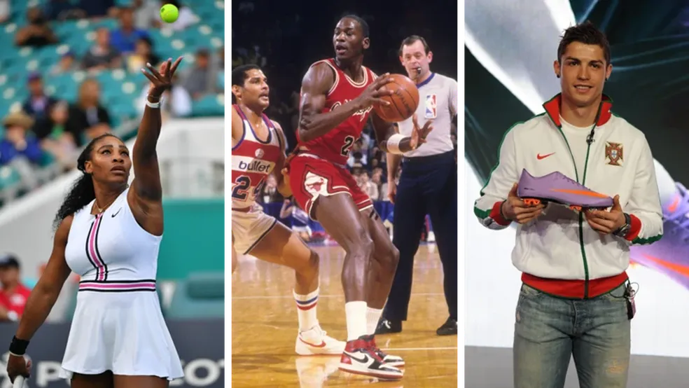 Os atletas da Nike Serena Williams, Michael Jordan e Cristiano Ronaldo — Foto: Sports Illustrated / Getty Images via BBC