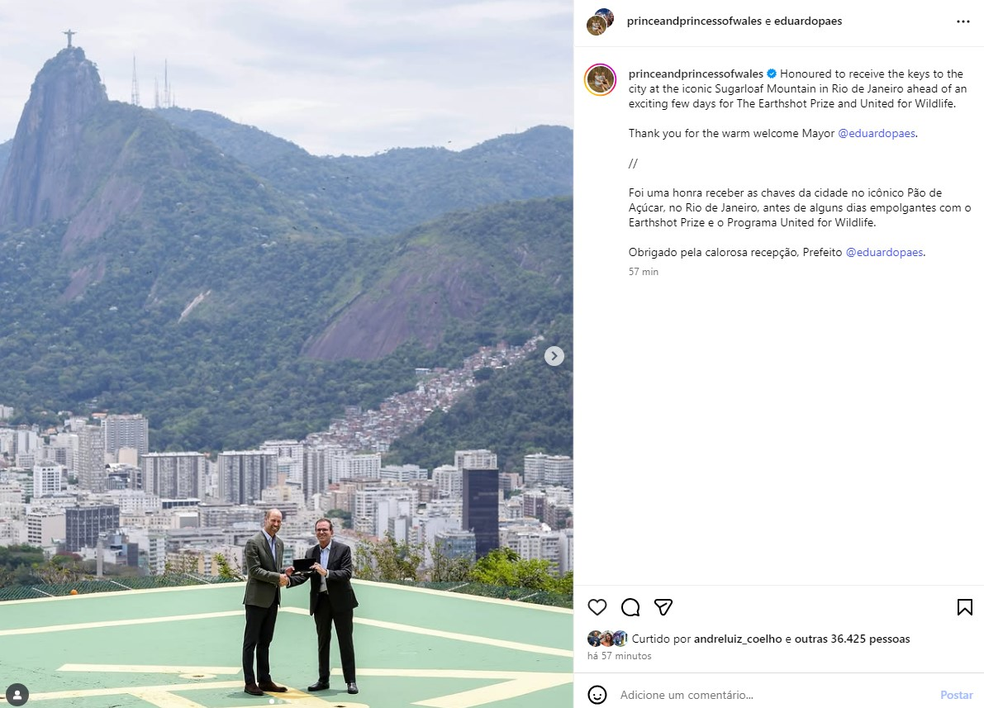 Príncipe William e o prefeito Eduardo Paes — Foto: Reprodução/Redes sociais