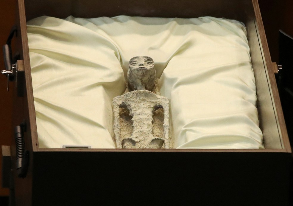 Espécime apresentado no Congresso do México é de um extraterrestre, segundo ufólogo — Foto: Henry Romero/Reuters