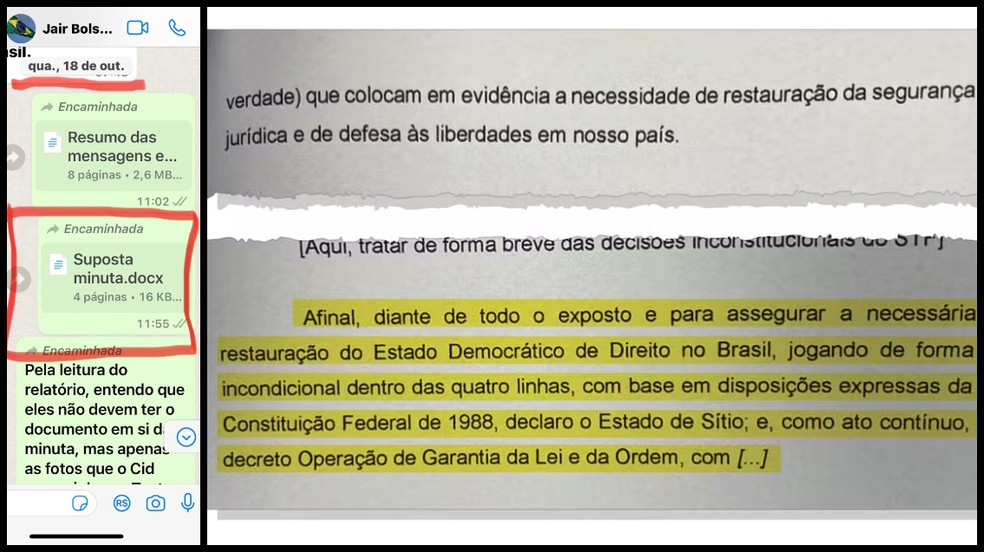 Minuta de golpe no WhatsApp de Jair Bolsonaro — Foto: Reprodução