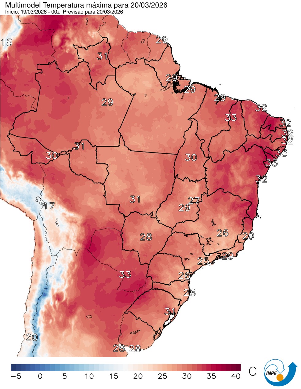 Mapa mostra previsão de temperatura máxima para esta sexta (20). — Foto: CPTEC/Inpe