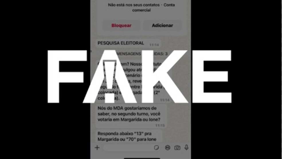 É #FAKE que pesquisa eleitoral em Juiz de Fora foi realizada por WhatsApp pelo Instituto MDA; TV Integração não fez divulgação — Foto: Reprodução
