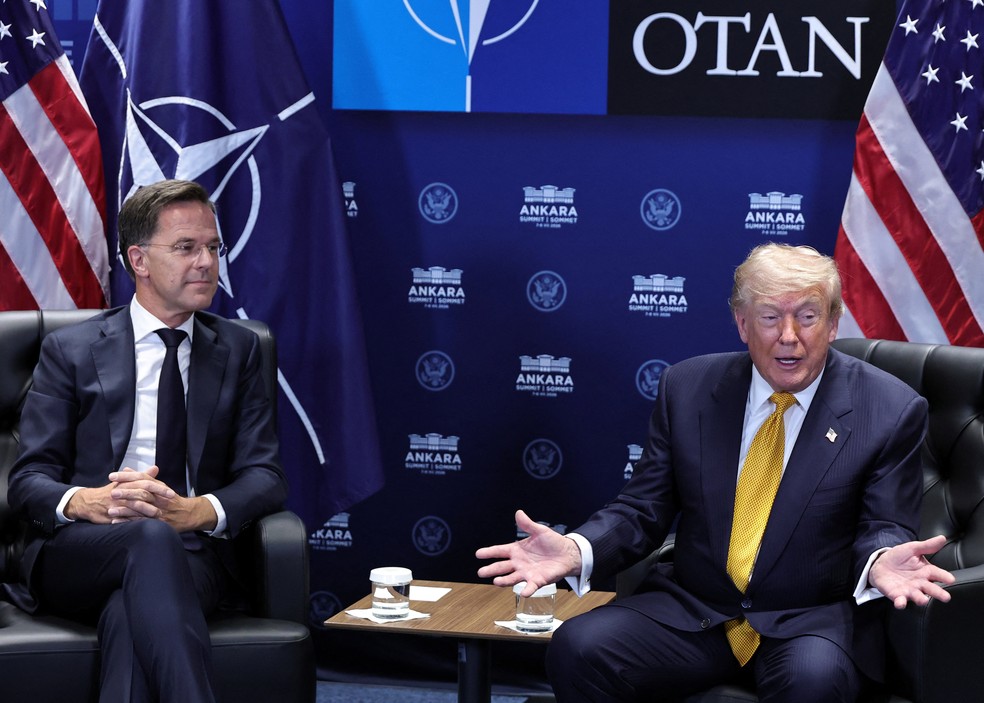 Presidente dos Estados Unidos, Donald Trump, dá coletiva de imprensa com o secretário-geral da Otan, Mark Rutte, em Ancara, na Turquia, em 8 de julho de 2026. — Foto: FILIP SINGER/Pool via REUTERS