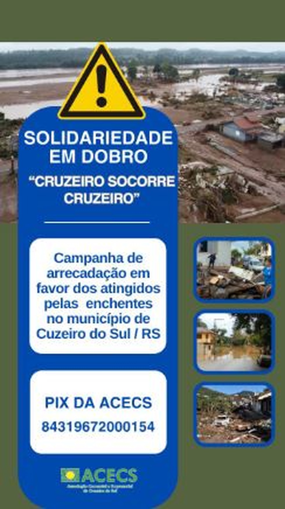 Acisa divulgou pix para ajudar cidade gaúcha — Foto: Divulgação