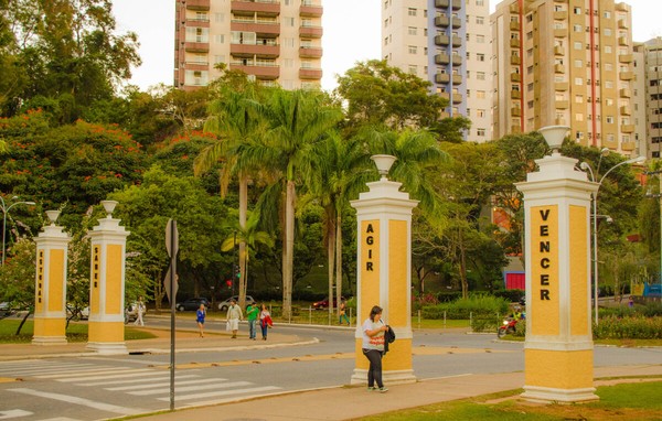 As quatro pilastras na entrada da UFV têm os lemas "Estudar, saber, agir e vencer" — Foto: Tales Mendes
