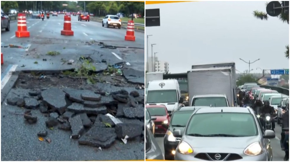 Asfalto estufa com a chuva e abre cratera na região do Complexo Maria Maluf — Foto: Reprodução/TV Globo
