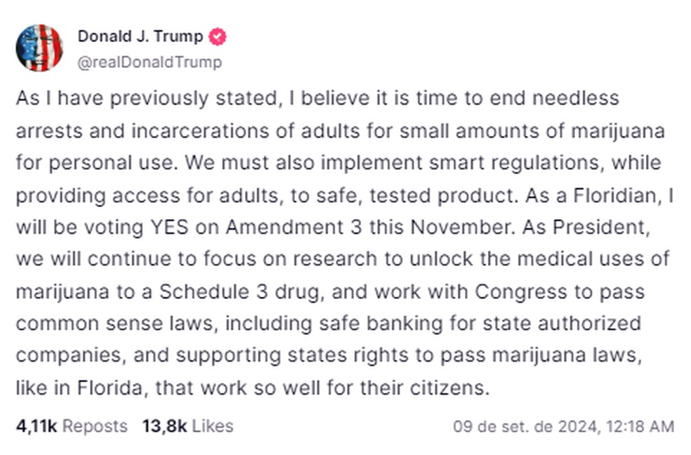 Post de Donald Trump sobre uso recreativo de maconha — Foto: Truth Social/Reprodução