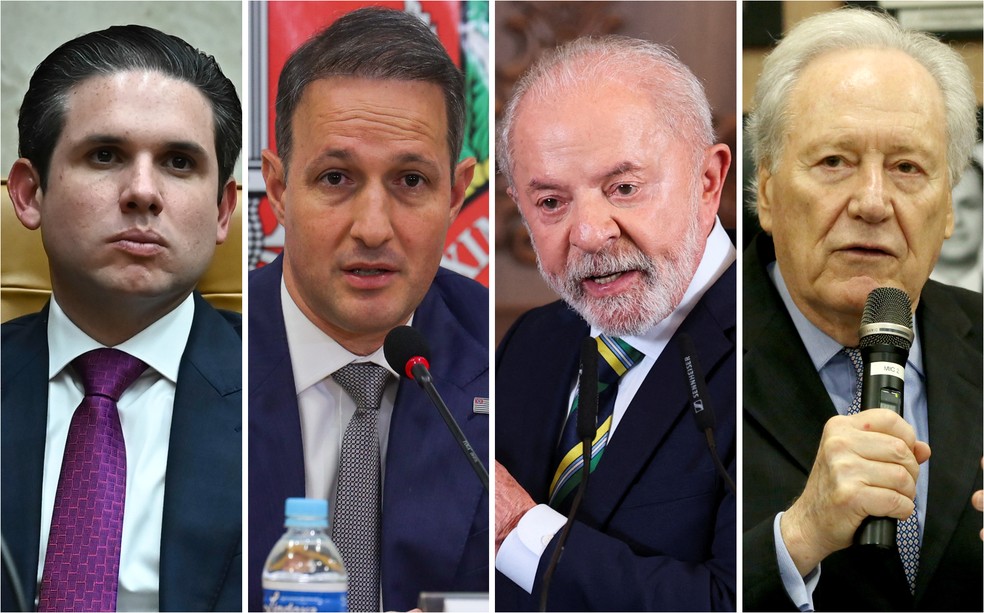 Hugo Motta (presidente da Câmara); Guilherme Derrite (deputado federal e secretário de Segurança de SP licenciado); presidente Lula; Ricardo Lewandowski (ministro da Justiça e Segurança Pública) — Foto: Ton Molina/Estadão Conteúdo; Marcelo Estevão/TheNews2; Edgar Su/Reuters; Fátima Meira/Enquadrar/Estadão Conteúdo