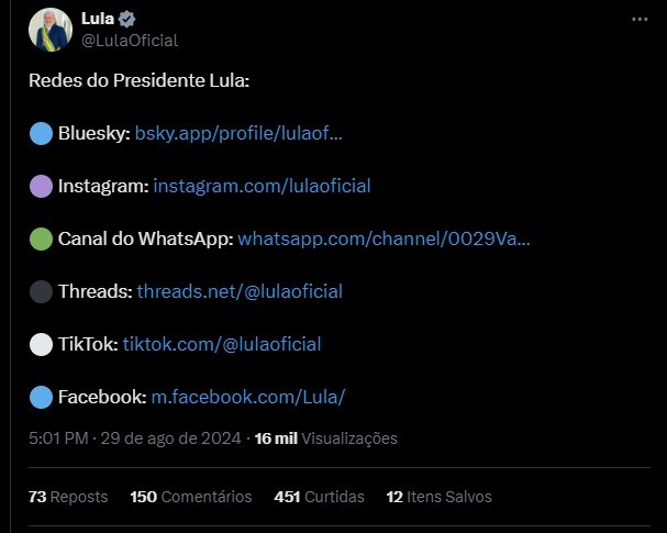 Em meio a impasse sobre X no Brasil, Lula divulga perfis em outras redes sociais