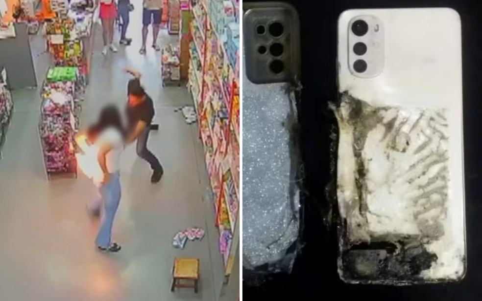 Celular explode em bolso de calça de jovem e aparelho fica destruído — Foto: Reprodução/TV Anhanguera