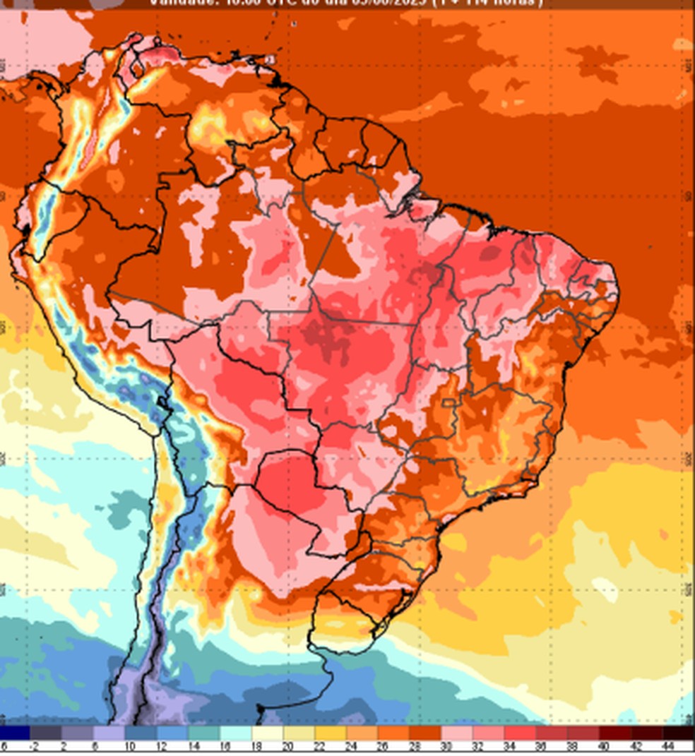  Previsão de temperatura máxima para o dia 9 de junho de 2023, às 15h. — Foto: Reprodução/INMET