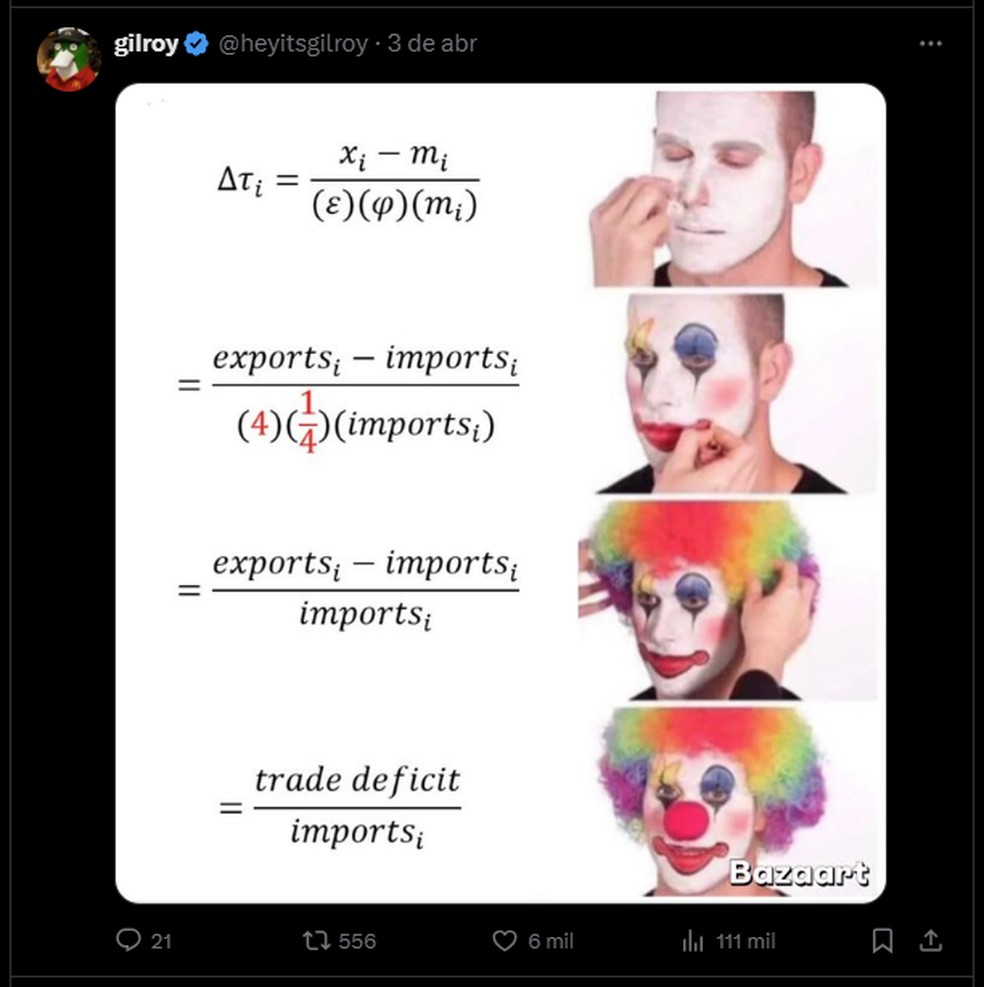 Post no X ironiza fórmula utilizada por Trump para calcular 'tarifas recíprocas' dos EUA — Foto: X/Reprodução