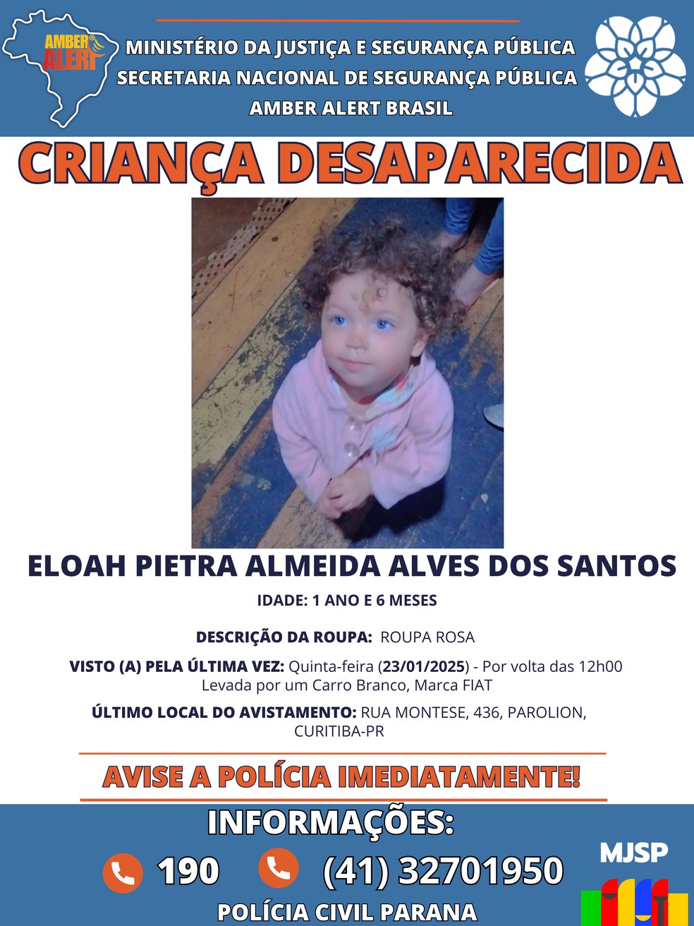 Amber Alert: serviço nacional pede auxílio de internautas para encontrar bebê sequestrada em Curitiba — Foto: Amber Alert