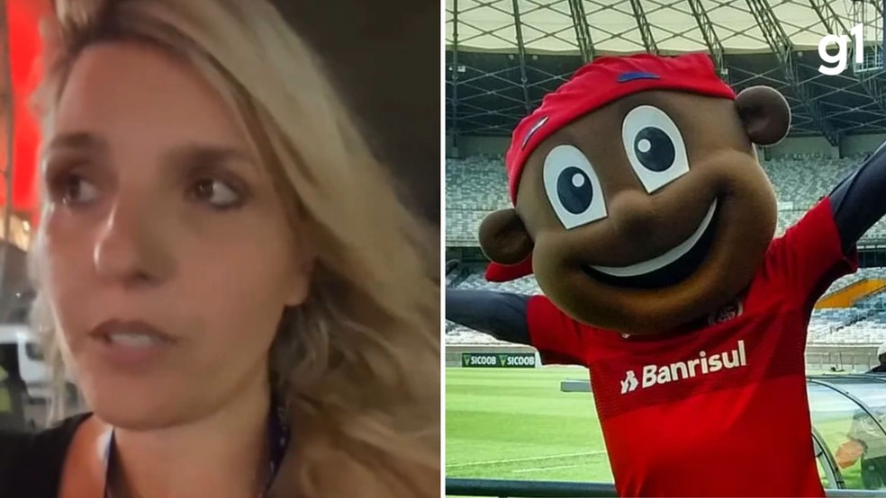 Repórter Gisele Krumpel denunciou homem que atua como mascote do Internacional por importunação sexual — Foto: Reprodução/Redes sociais e Divulgação/Internacional