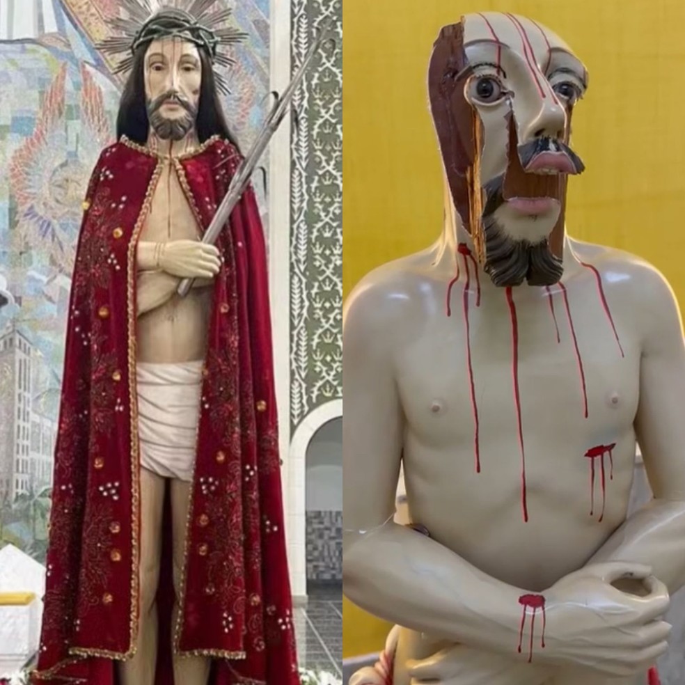A esquerda, a imagem antes da queda e à direita a estátua destruída — Foto: Reprodução