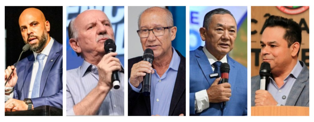 O prefeitos de Osasco, Barueri, Carapicuíba, Jandira e Itapevi, que anunciaram o aumento da tarifa de ônibus a partir de 5 de janeiro de 2026. — Foto: Montagem/g1/Reprodução/Redes Sociais