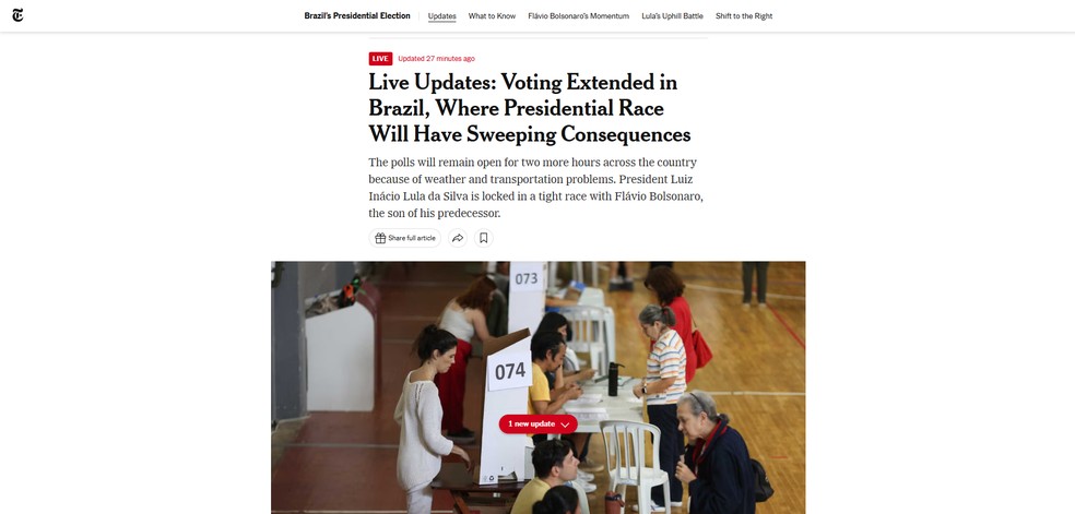 O jornal americano The New York Times destacou que, apesar da prorrogação do horário de votação, ainda não se sabia se alguns eleitores poderiam votar. — Foto: Reprodução: NYT