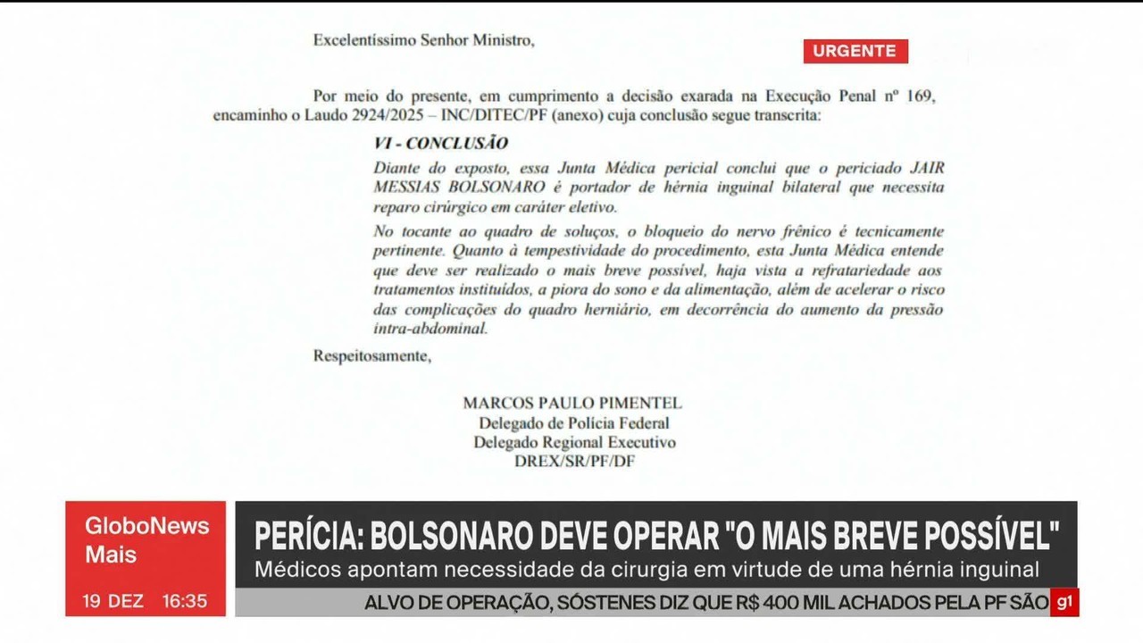 Perícia médica em Bolsonaro conclui que ex-presidente tem hérnia e necessita de cirurgia
