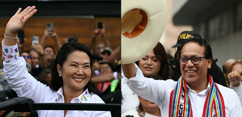 Montagem mostra os candidatos à presidência do Peru Keiko Fujimori (dir.) e Roberto Sánchez em 7 de junho de 2026, dia da votação do segundo turno — Foto: ERNESTO BENAVIDES / AFP