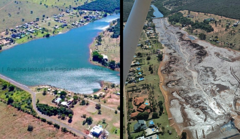 Antes e depois de rompimento de represa em condomínio de luxo. — Foto: Reprodução