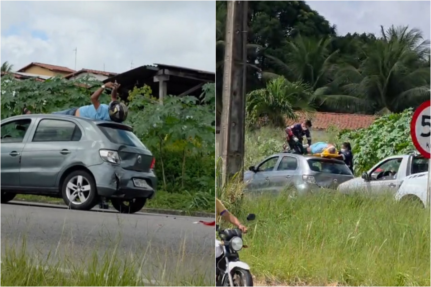 Motociclista vai parar em cima de carro após acidente na Grande Natal