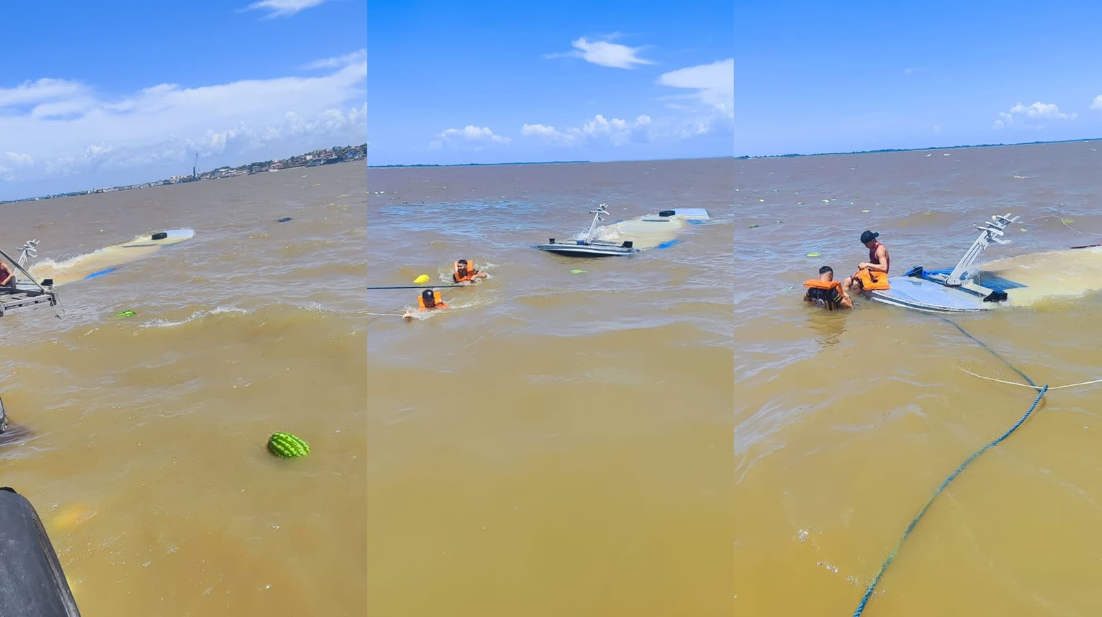 Bajara com carga de melancias afunda e 2 pessoas são resgatadas em Santarém