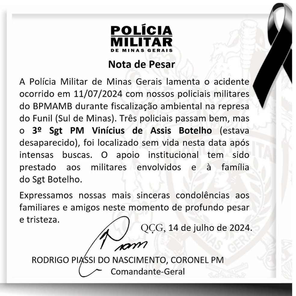 Polícia Militar emitiu nota de pesar confirmando a morte do 3º sargento da PM desaparecido após embarcação virar no Sul de Minas — Foto: Reprodução / Instagram
