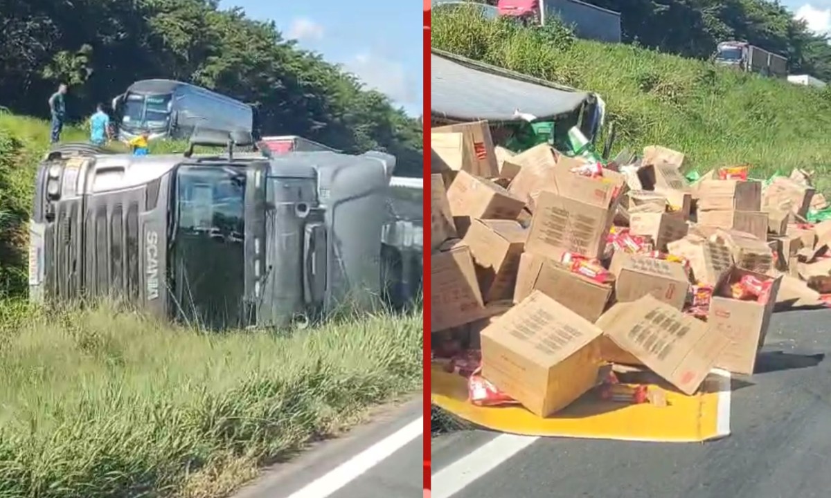 Carreta carregada com biscoitos tomba e causa lentidão na BR-324; carga é saqueada 