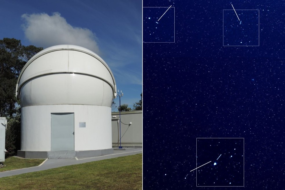 Telescópio russo (à esq.) instalado no Observatório do Pico dos Dias, sob responsabilidade do LNA, monitora lixos espaciais (à dir.) — Foto: LNA/MCTI/Divulgação