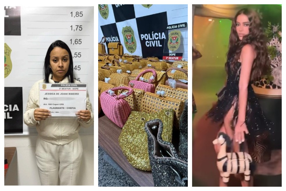 Jéssica Ribeiro (à esquerda) foi presa pela polícia por suspeita de receptar 113 bolsas de luxo da Serpui que foram furtadas em SP. Peças foram recuperadas (foto ao centro). Marca brasileira é usada por celebridades, como a cantora Anitta (à direita) — Foto: Reprodução/Polícia Civil de SP/Serpui
