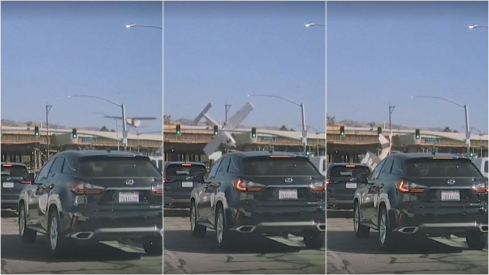 Vídeo mostra avião capotando em rua movimentada nos EUA; três pessoas sobrevivem — Foto: Foto: NBC
