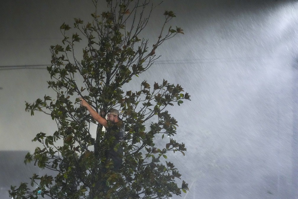 Homem em cima de árvore durante a passagem do furacão Milton em Tampa, na Flórida — Foto: Julio Cortez/AP