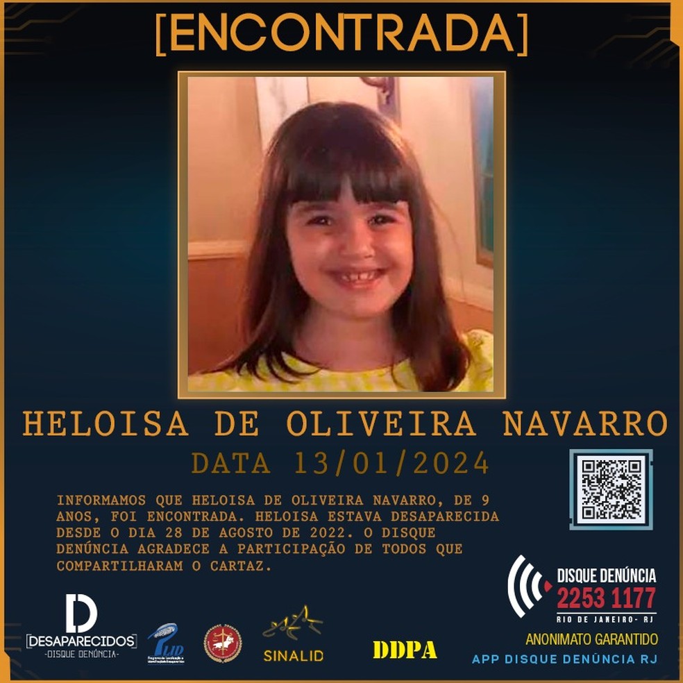 Heloisa de Oliveira Navarro foi encontrada no sábado em Lorena, após mais de um ano desaparecida — Foto: Reprodução/Disque-Denúncia