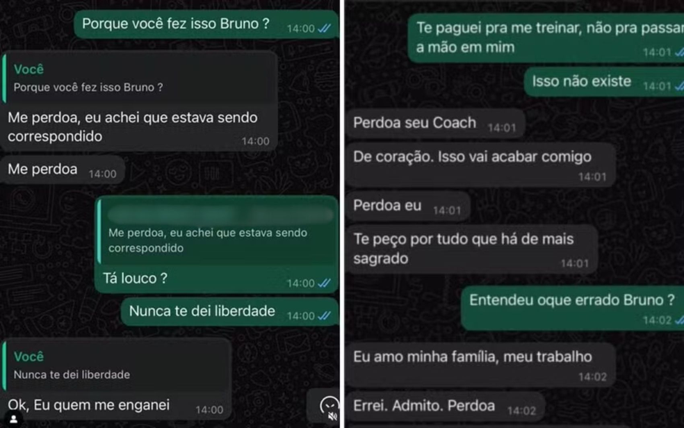 Prints mostram conversa de personal trainer suspeito de importunar sexualmente aluna, em Caldas Novas, Goiás — Foto: Divulgação/PM