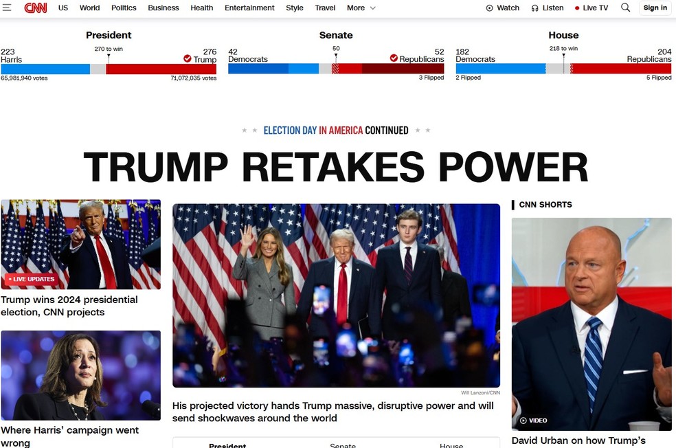 Jornal americano CNN destaca vitória de Donald Trump como presidente dos Estados Unidos — Foto: Reprodução