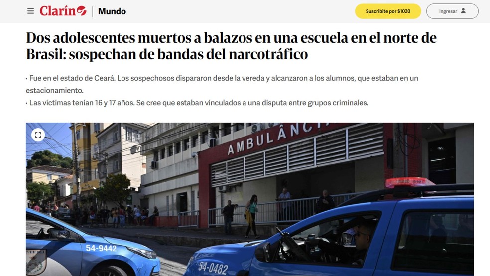 Reportagem do jornal 'Clarín', da Argentina, sobre o ataque a tiros em uma escola em Sobral, no interior do Ceará, em 25 de setembro de 2025. — Foto: Reprodução