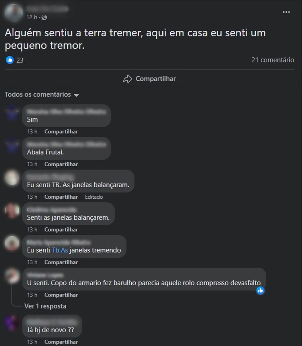Moradores de Frutal relatam novo tremor de terra 27-07-2024 — Foto: Reprodução/Facebook