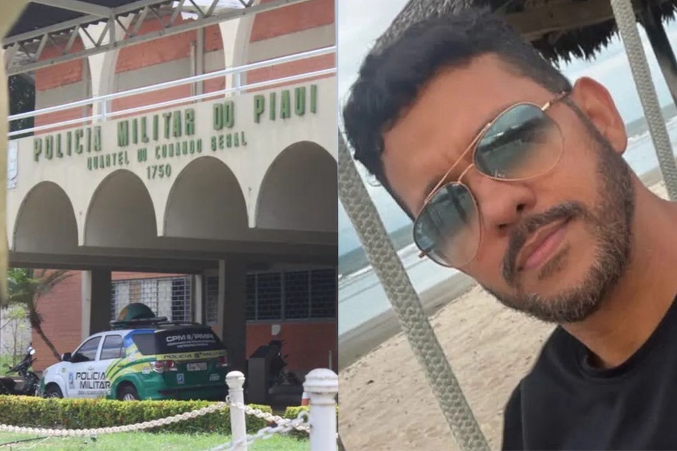 À esquerda, Quartel do Comando-Geral da PMPI; à direita, policial civil Alexsandro Cavalcante Ferreira, morto a tiros em 2023 — Foto: Montagem/g1