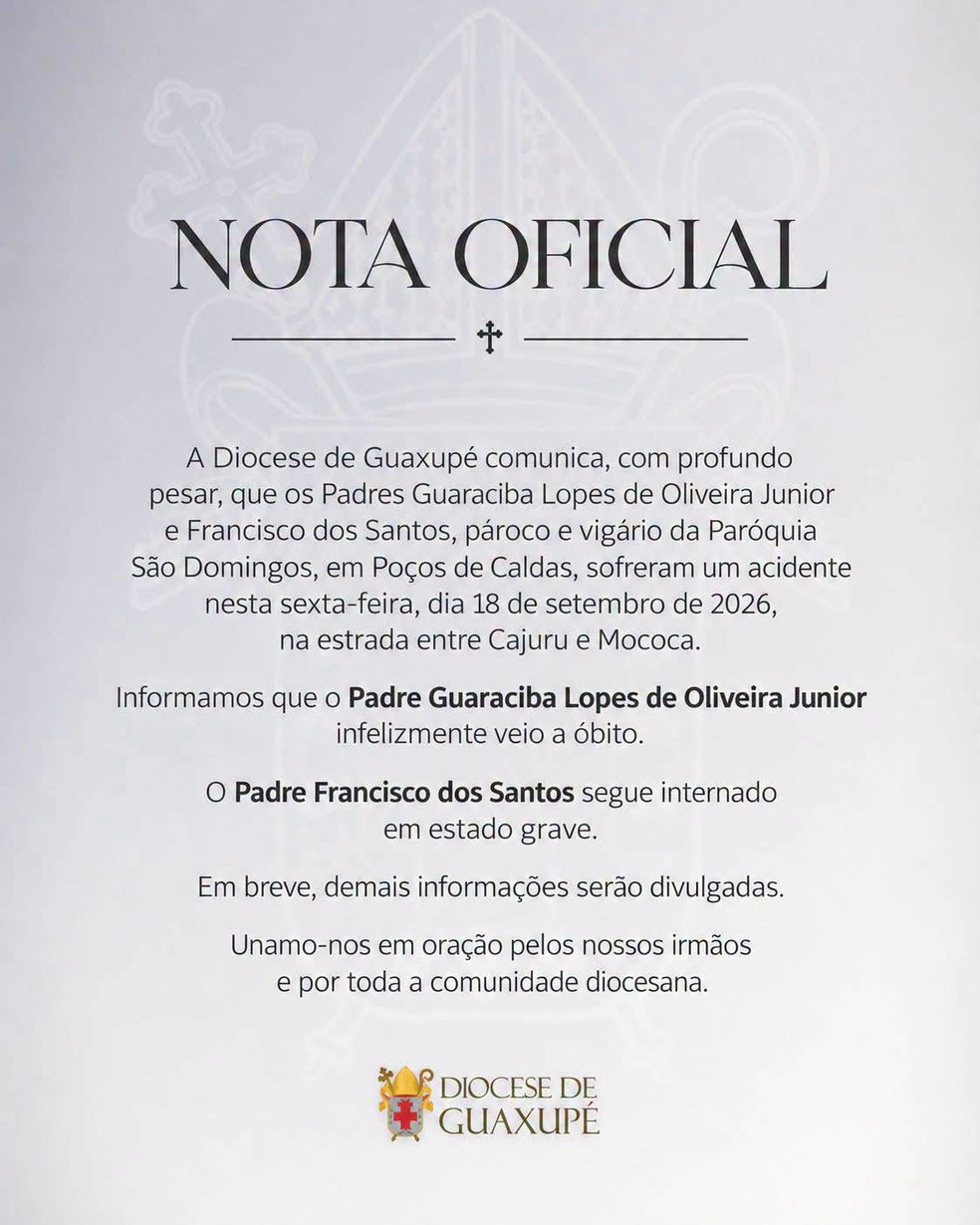 Nota oficial sobre a morte do padre Guaraciba na SSP-338 em Mococa — Foto: Diocese de Guaxupé