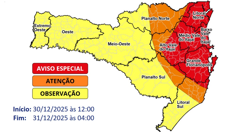 Aviso Especial da Defesa Civil para temporais com chuva intensa e volumosa. — Foto: Reprodução/Defesa Civil