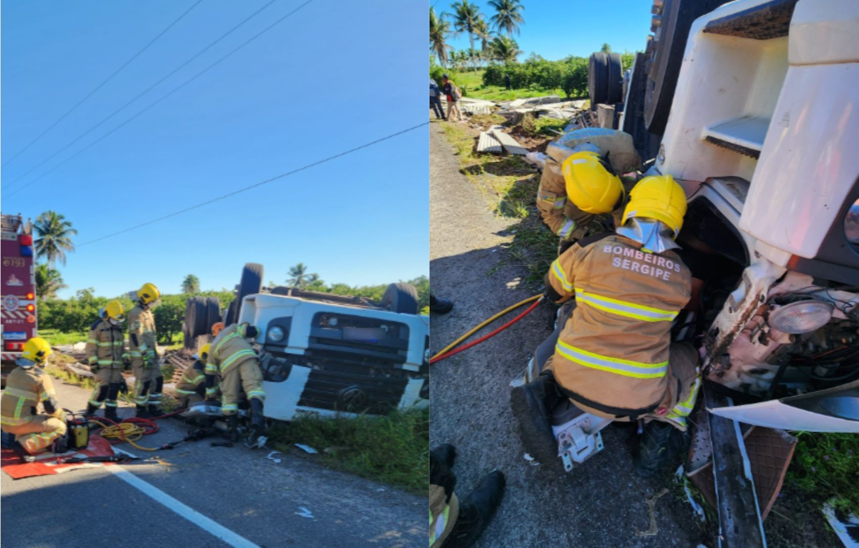 Três homens ficam feridos após caminhão carregado de cerveja bater em mureta na BR-101 em Capela